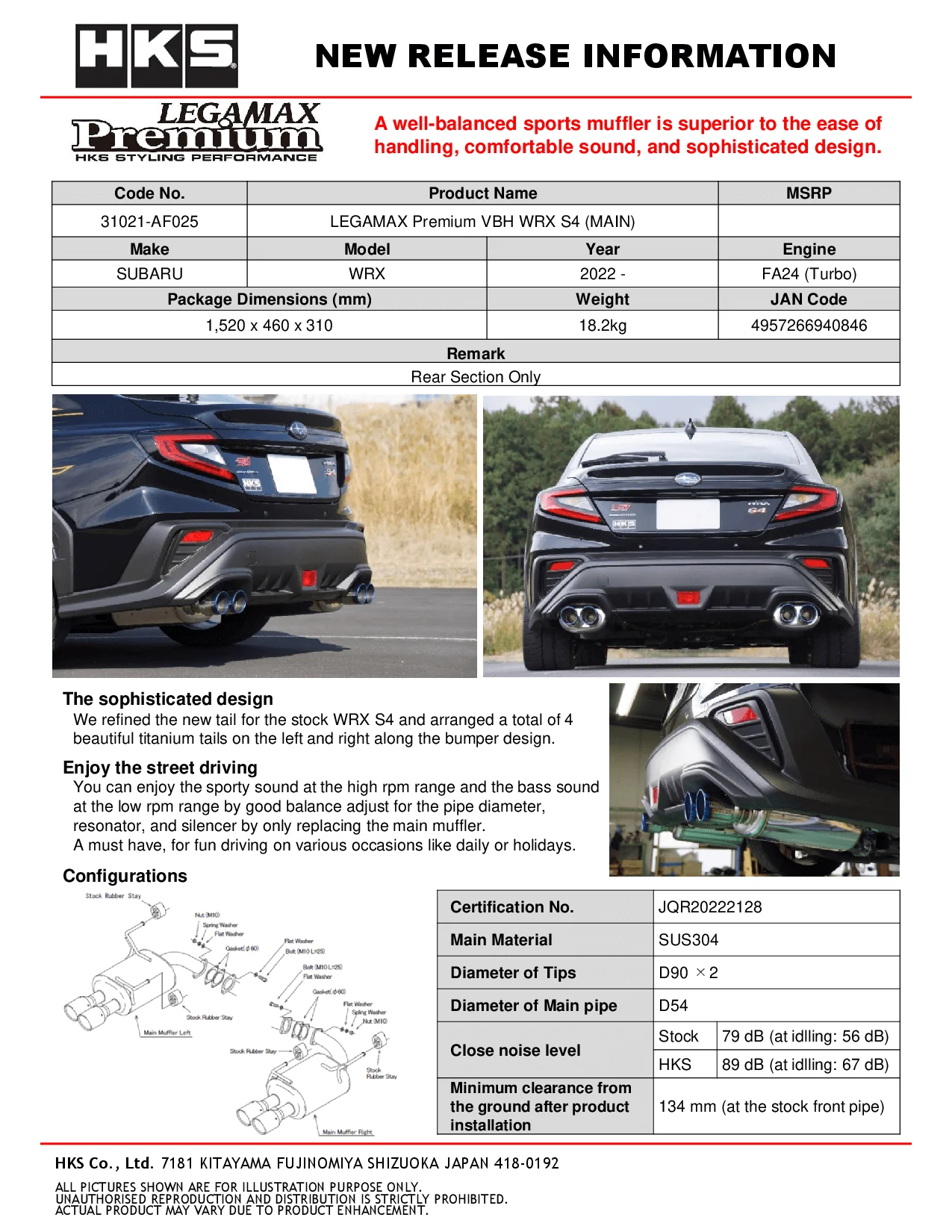 HKS LEGAMAX Premium VBH S4 Single Exit Axleback Exhaust System - 2022+ Subaru WRX - Image 4